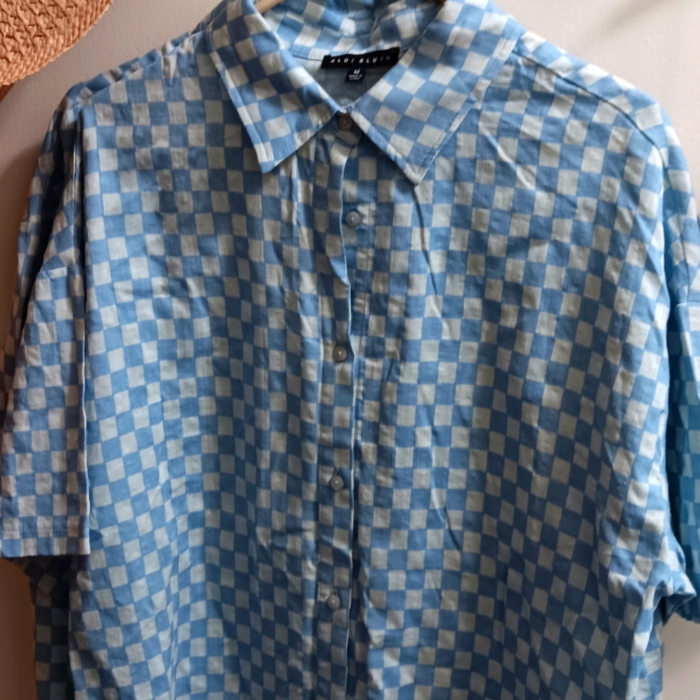 Blue Blush Blue and White Casual Checkered Button Down Shirt